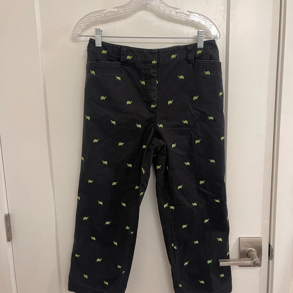 Kate Hill Cotton Black Ankle Pants Green Turtle Embroidery Grandpacore Coastal - Picture 2 of 5